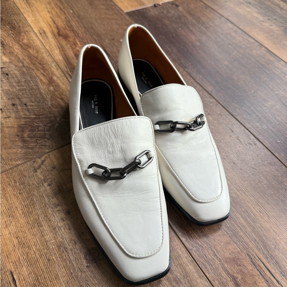 rag & bone White Leather Loafers with Chain Accent